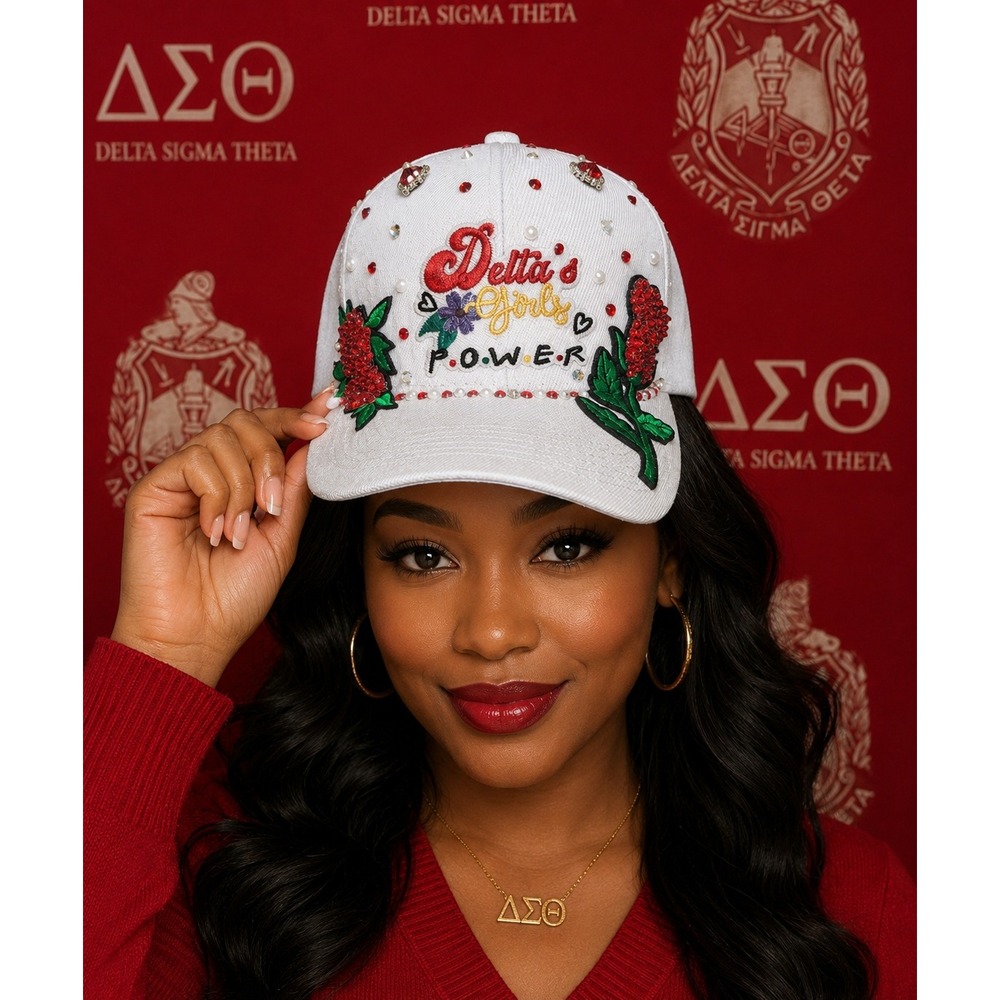 Delta Sigma Theta Baseball Cap White with Red Rhinestones & White Pearls